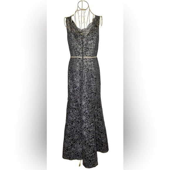 JS Collections Mermaid Black Dress, V-Neck & Shimmery Silver Florals, Large (12) - Picture 4 of 16